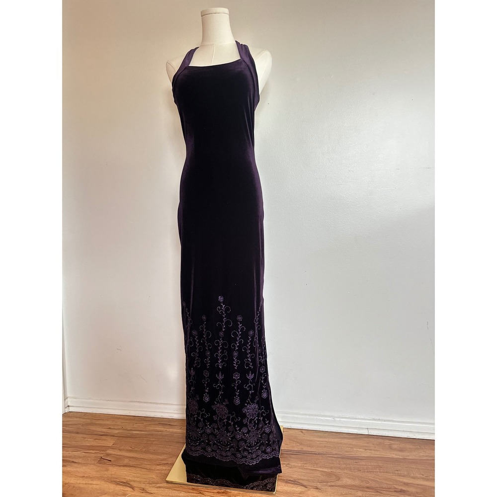 VTG 90s Purple Velvet Halter Maxi Gown Glitter Floral Whimsigoth Fairy Grunge